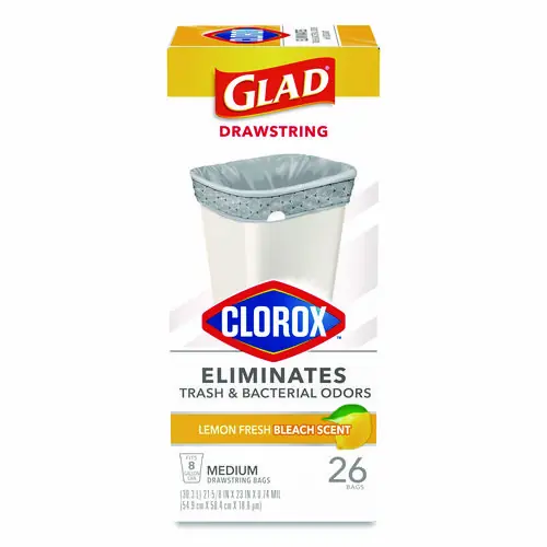 Glad® Medium Drawstring Trash Bags with Clorox, 8 gal, Lemon Fresh Bleach Scent, Gray, 26/Box