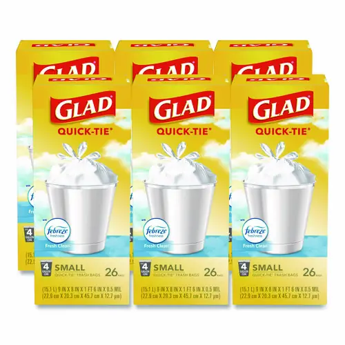 Glad® OdorShield Quick-Tie Small Trash Bags, 4 Gallon, Fresh Clean Scent, White, 26 Bags/Box, 6 Boxes/Carton