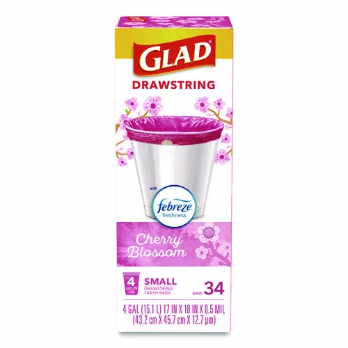 Glad® OdorShield Small Drawstring Trash Bags, 4 gal, Cherry Blossom Scent, Pink, 34/Box