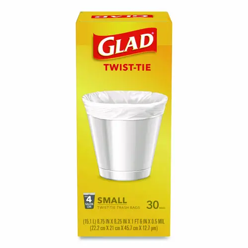 Glad® Small Twist-Tie Trash Bags, 4 gal, White, 30/Box