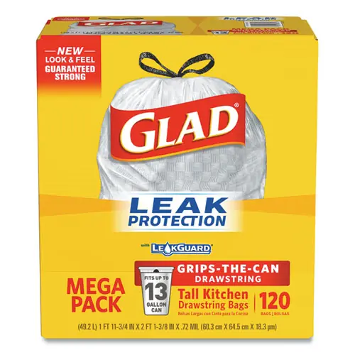 Glad® Tall Kitchen Drawstring Trash Bags with LeakGuard, 13 gal, Unscented, White, 120/Box