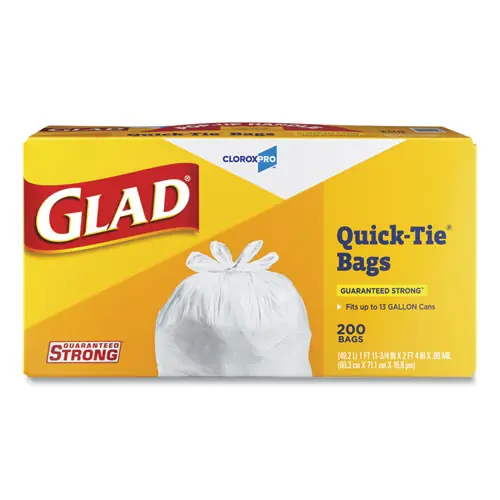 Glad® Tall Kitchen Quick-Tie Bags, Tie-Flap, 13 gal, White, 200/Box