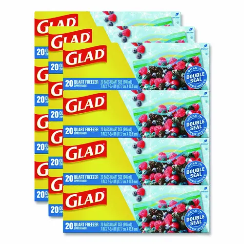 Glad® Zipper Food Storage Plastic Bags, Quart Size, 7.75" x 8.44", Clear, 20 Bags/Box, 12 Boxes/Carton