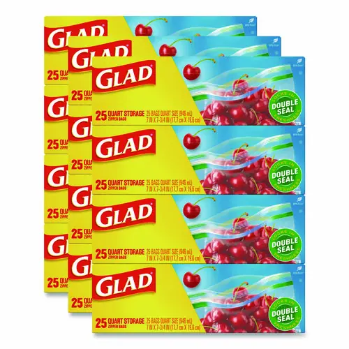 Glad® Zipper Food Storage Plastic Bags, Quart Size, 7.75 x 7, Clear, 25 Bags/Box, 12 Boxes/Carton