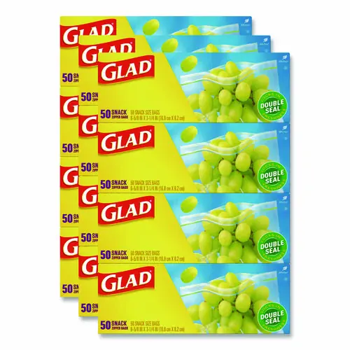 Glad® Zipper Food Storage Plastic Bags, Snack Size, Clear, 50 Bags/Box, 12 Boxes/Carton