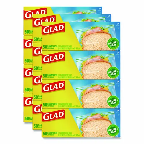 Glad® Zipper Food Storage Plastic Sandwich Bags, Clear, 50 Bags/Box, 12 Boxes/Carton