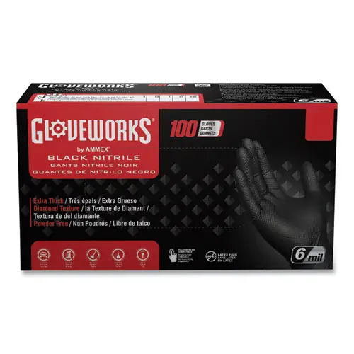 GloveWorks® by AMMEX® Heavy-Duty Industrial Nitrile Gloves, Powder-Free, 6 mil, Large, Black