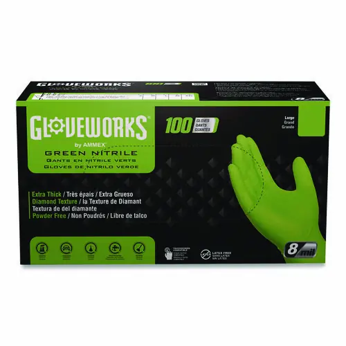 GloveWorks® by AMMEX® Heavy-Duty Industrial Nitrile Gloves, Powder-Free, 8 mil, 2X-Large, Green