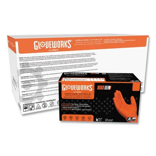 GloveWorks® by AMMEX® Heavy-Duty Industrial Nitrile Gloves, Powder-Free, 8 mil, Small, Orange
