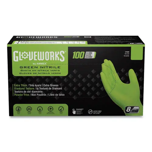 GloveWorks® by AMMEX® Heavy-Duty Industrial Nitrile Gloves, Powder-Free, Green, X-Large, 8 mil