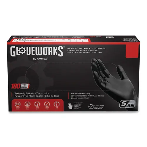 GloveWorks® by AMMEX® Industrial Nitrile Gloves, Powder-Free, Black, Medium, 100/Box, 10 Boxes/Carton