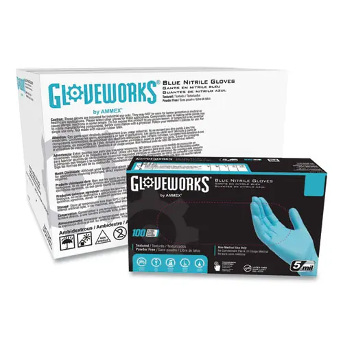 GloveWorks® by AMMEX® Industrial Nitrile Gloves, Powder-Free, 5 mil, Medium, Blue
