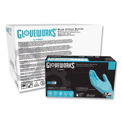 GloveWorks® by AMMEX® Industrial Nitrile Gloves, Powder-Free, 5 mil, Small, Blue