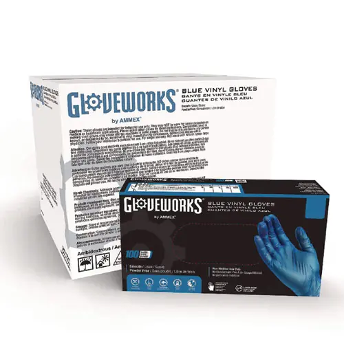 GloveWorks® by AMMEX® Industrial Vinyl Gloves, Powder-Free, 3 mil, X-Large, Blue, 100 Gloves/Box, 10 Boxes/Carton