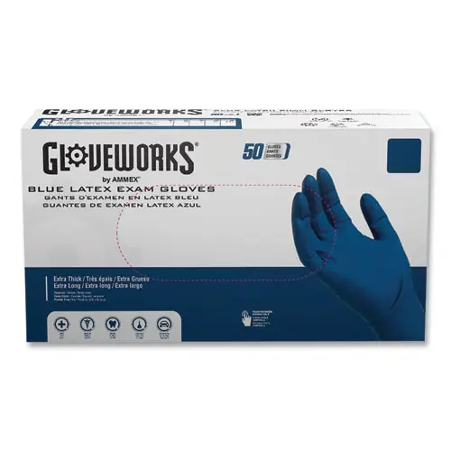 GloveWorks® by AMMEX® Latex Exam Gloves, Powder-Free, Medium, Blue, 50 Gloves/Box, 10 Boxes/Carton