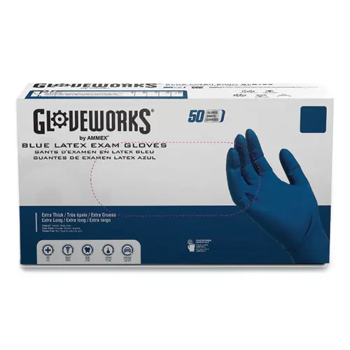 GloveWorks® by AMMEX® Latex Exam Gloves, Powder-Free, X-Large, Blue, 50 Gloves/Box, 10 Boxes/Carton