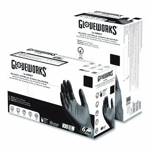 GloveWorks® by AMMEX® Nitrile Exam Gloves, 2X-Large, Black, 100/Box