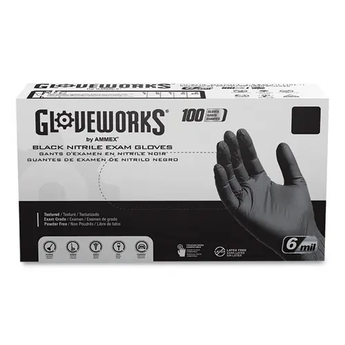 GloveWorks® by AMMEX® Nitrile Exam Gloves, Powder-Free, 6 mil, 2X-Large, Black