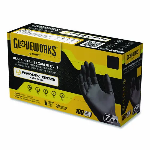 GloveWorks® by AMMEX® Nitrile Exam Gloves, Powder-Free, Large, Black, 100 Gloves/Box, 10 Boxes/Carton