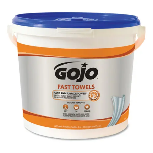 GOJO® FAST TOWELS Hand Cleaning Towels, 225 Towels/Bucket, Blue, 9" x 10", Fresh Citrus