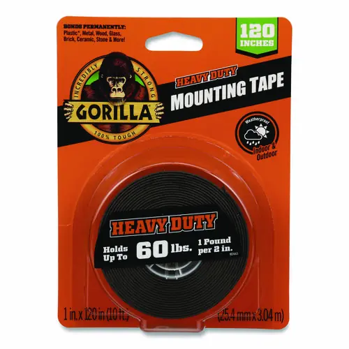 Gorilla® Heavy Duty Mounting Tape, Permanent, Holds Up to 60 lb, 1" x 120", Black