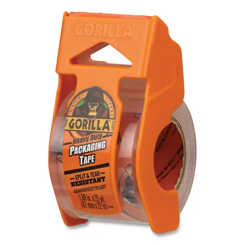 Gorilla® Heavy Duty Packaging Tape with Dispenser, Clear, 1.88" x 25 yds, 4/Pack