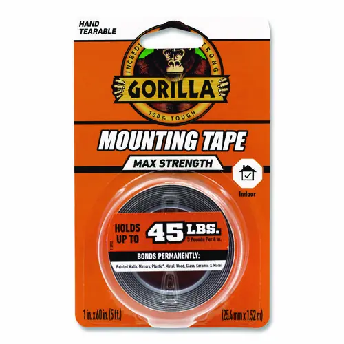 Gorilla® Max Strength Mounting Tape, Permanent, 1" x 60", Black, Holds Up to 45 lb