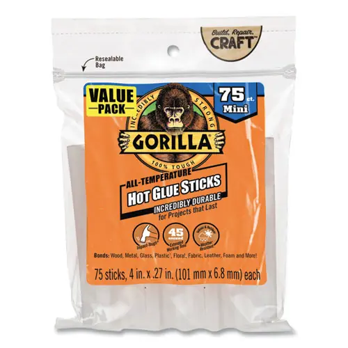 Gorilla® Mini Hot Glue Sticks, Dries Clear, 75/Pack