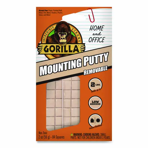 Gorilla® Removable Mounting Putty, Repositionable and Reusable, 2 oz, 84 Squares/Pack