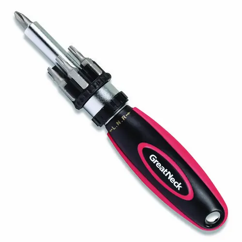 Great Neck® Ratcheting Screw/Nut Driver Set, Phillips/Slotted/Star Bits, 7" Long, Black/Red