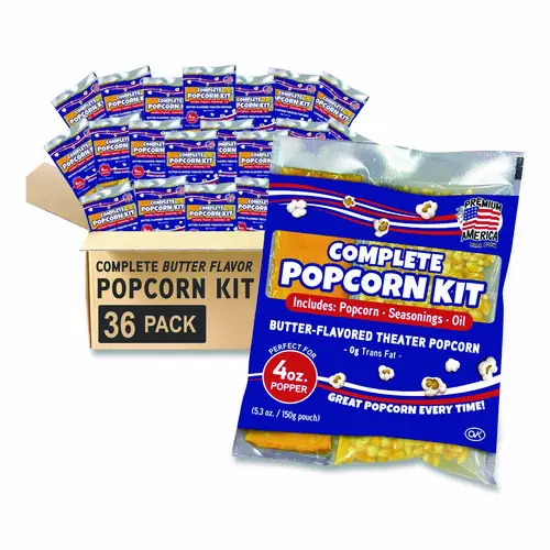 Great Western Products Premium America Popcorn, Butter, 8 oz Pack, 36/Carton