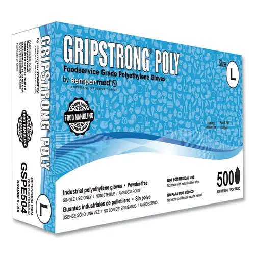 GripStrong® Poly Foodservice Grade Polyethylene Gloves, Clear, Large, 500/Box, 20 Boxes/Carton