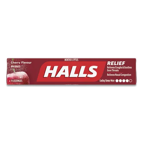 HALLS Mentho-Lyptus Cough and Sore Throat Lozenges, Cherry, 9/Pack, 20 Packs/Box