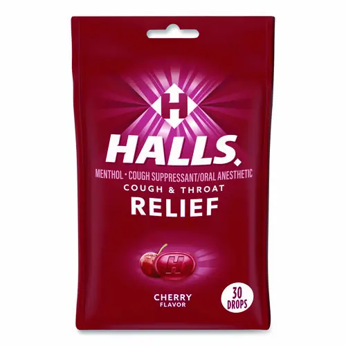 HALLS Relief Menthol Cough Suppressant - Oral Anesthetic, Cherry, 30/Pack