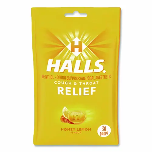HALLS Relief Menthol Cough Suppressant - Oral Anesthetic, Honey Lemon, 30 Lozenges