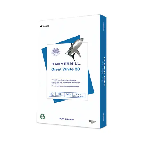 Hammermill® Great White 30 Recycled Print Paper, 92 Brightness, 20 lb, 11 x 17, White, 500 Sheets/Ream