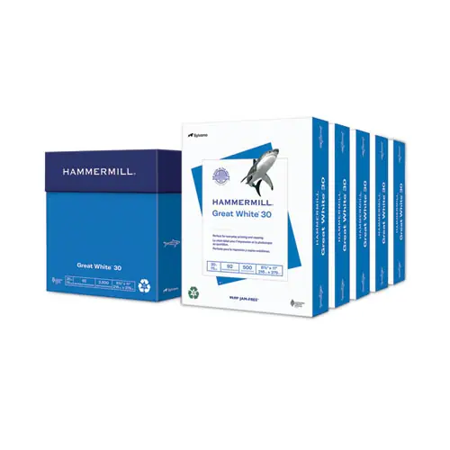 Hammermill® Great White 30 Recycled Print Paper, 92 Brightness, 20 lb, Letter Size, White, 500 Sheets per Ream, 5 Reams per Carton