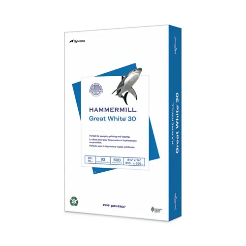 Hammermill® Great White 30 Recycled Print Paper, 92 Bright, 20 lb Bond Weight, 8.5 x 14, White, 500/Ream
