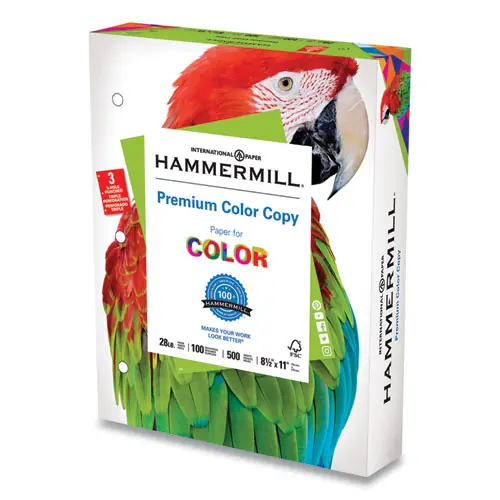 Hammermill® Premium Color Copy Print Paper, 100 Brightness, 3-Hole Punched, 28 lb Bond, 8.5 x 11, Photo White, 500 Sheets per Ream, 8 Reams per Carton