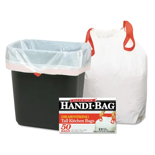 Handi-Bag® Drawstring Kitchen Bags, 13 gal, White, 50 Bags/Box, 6 Boxes/Carton