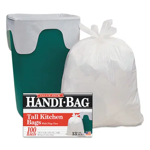 Handi-Bag® Super Value Pack Can Liners, 13 gal, 0.6 mil, 23.75" x 28", White, 100 Bags/Box, 6 Boxes/Carton