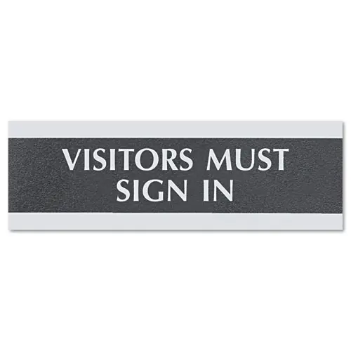 Headline® Sign Century Series Office Sign, VISITORS MUST SIGN IN, 9 x 3, Black/Silver