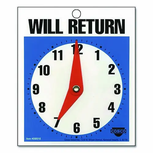 Headline® Sign Double-Sided Open/Will Return Sign with Clock Hands, Plastic, 7.5 x 9