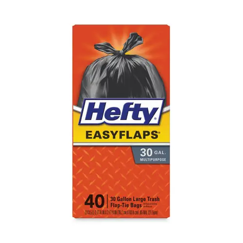 Hefty® Easy Flaps Trash Bags, Tie-Flap, Black, 30 Gallon, 40 Bags/Box
