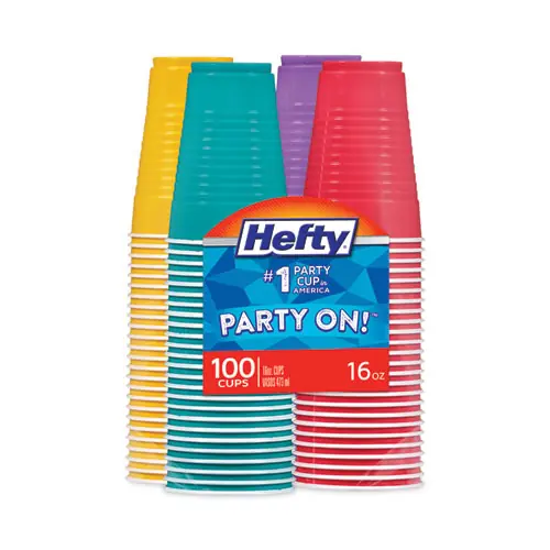 Hefty® Easy Grip Disposable Plastic Party Cups, 16 oz, Assorted Colors, 100/Pack, 4 Packs/Carton