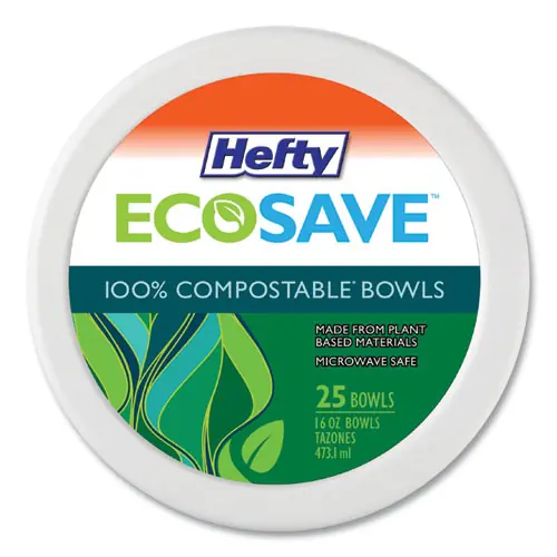 Hefty® ECOSAVE Tableware, Sugarcane Bowls, 16 oz, White, 25/Pack, 12 Packs/Carton