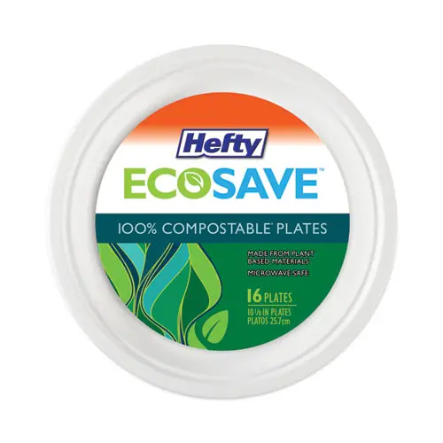 Hefty® ECOSAVE Tableware, Plate, Sugarcane, 10.13" dia, White, 16/Pack