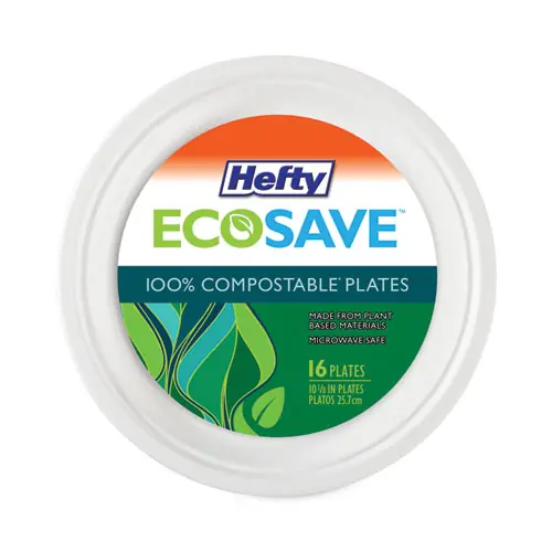 Hefty® ECOSAVE Tableware, Plate, Sugarcane, 10.13" dia, White, 16/Pack, 12 Packs/Carton