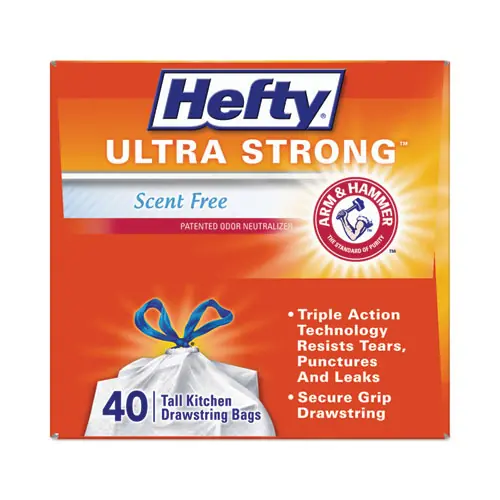 Hefty® Extra Heavy-Duty Ultra Strong Tall Kitchen Trash Bags, Drawstring, 13 gal, White, 40 Bags/Box, 6 Boxes/Carton