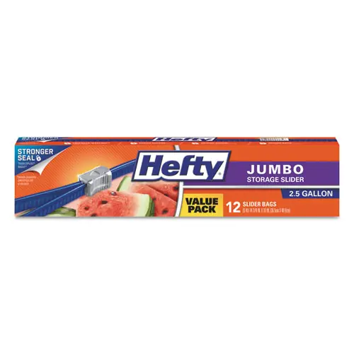 Hefty® Slider Food Storage Bags, Jumbo, 14.38" x 9", Clear, 12 Bags/Box, 9 Boxes/Carton
